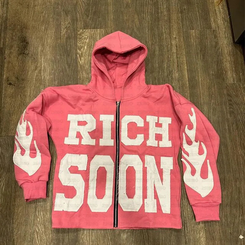 New Zipper Hoodie Vintage Letter Patch Pattern Embroidery Longsleeved Hooded Jacket Top Kpop Street Fashion Sweatshirt Women Men