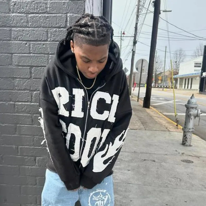New Zipper Hoodie Vintage Letter Patch Pattern Embroidery Longsleeved Hooded Jacket Top Kpop Street Fashion Sweatshirt Women Men