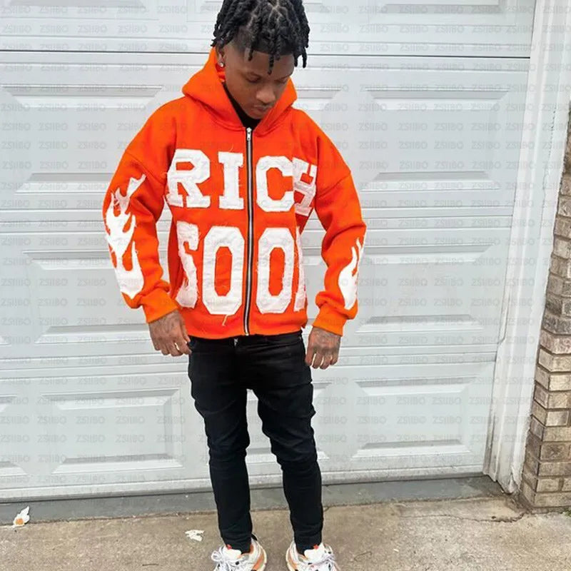 New Zipper Hoodie Vintage Letter Patch Pattern Embroidery Longsleeved Hooded Jacket Top Kpop Street Fashion Sweatshirt Women Men