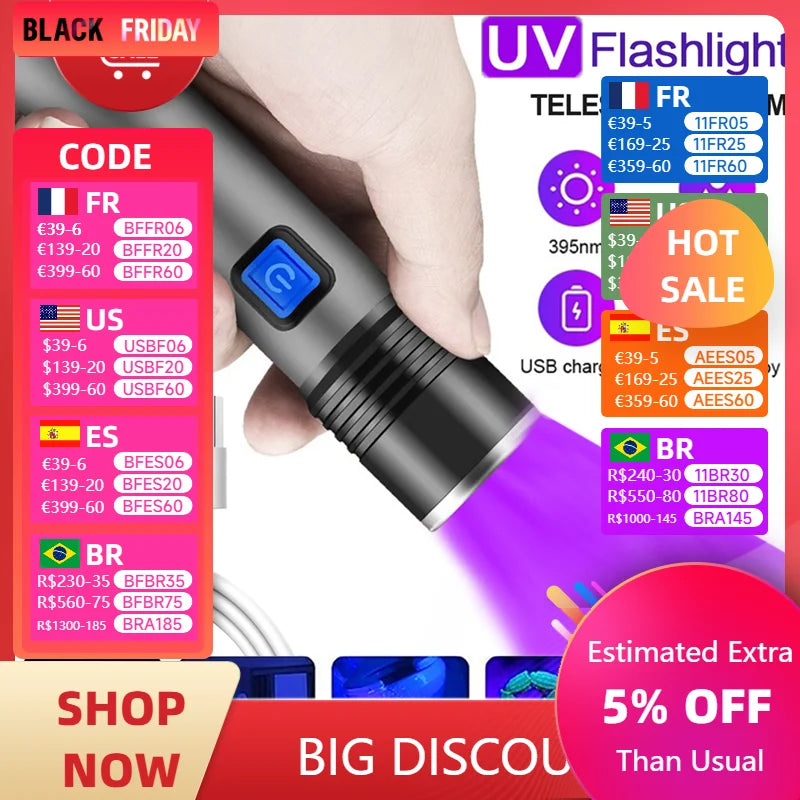 Rechargeable LED UV Flashlight Ultraviolet Torch Zoomable Mini 395nm UV Black Light Pet Urine Stains Detector Scorpion Hunting