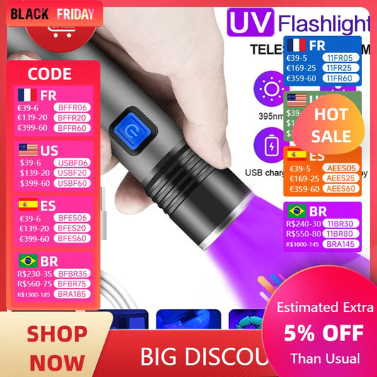 Rechargeable LED UV Flashlight Ultraviolet Torch Zoomable Mini 395nm UV Black Light Pet Urine Stains Detector Scorpion Hunting