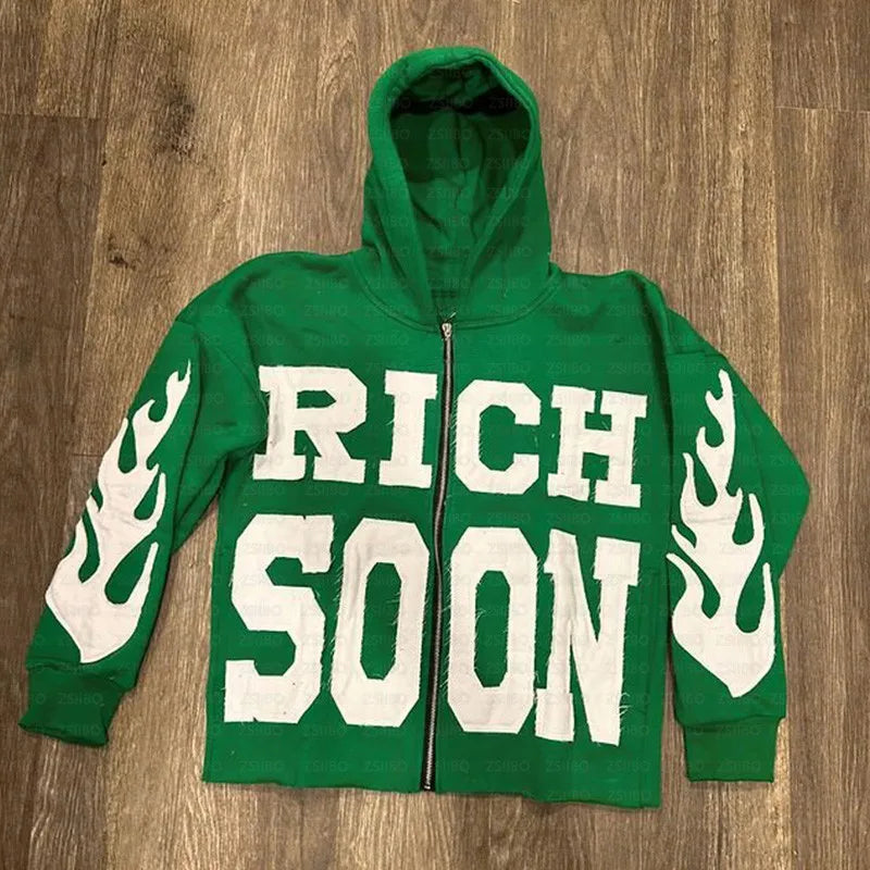 New Zipper Hoodie Vintage Letter Patch Pattern Embroidery Longsleeved Hooded Jacket Top Kpop Street Fashion Sweatshirt Women Men