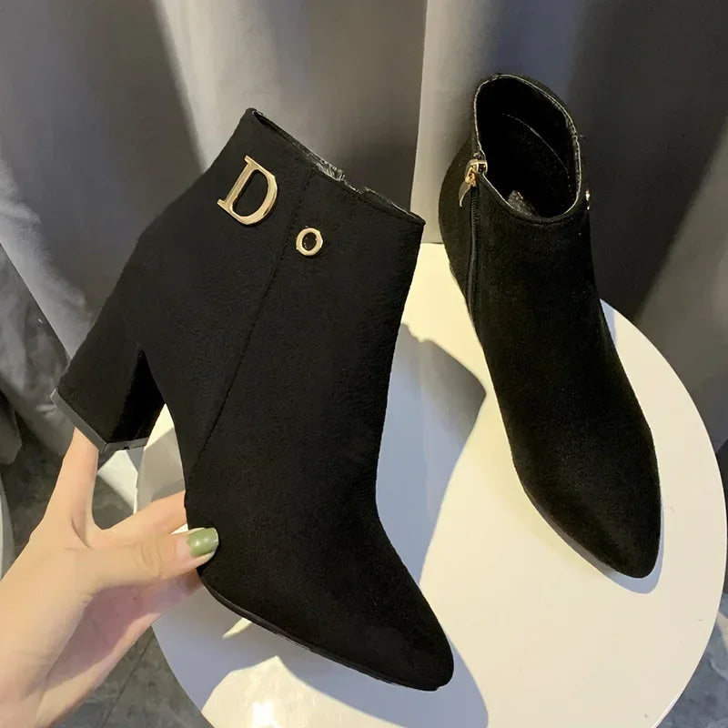 2024 New Women Fashion Large Size 43 Women Ankle Boots Luxury High Heels Pointed Ladies Booties Elegant Black Shoes 43
