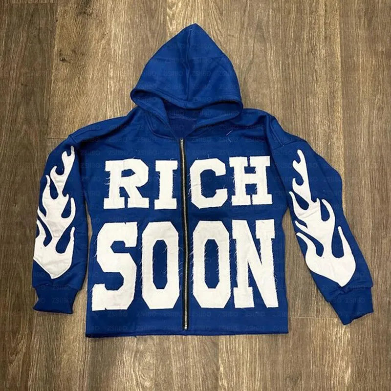 New Zipper Hoodie Vintage Letter Patch Pattern Embroidery Longsleeved Hooded Jacket Top Kpop Street Fashion Sweatshirt Women Men