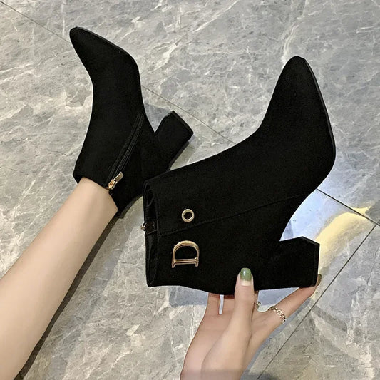 2024 New Women Fashion Large Size 43 Women Ankle Boots Luxury High Heels Pointed Ladies Booties Elegant Black Shoes 43
